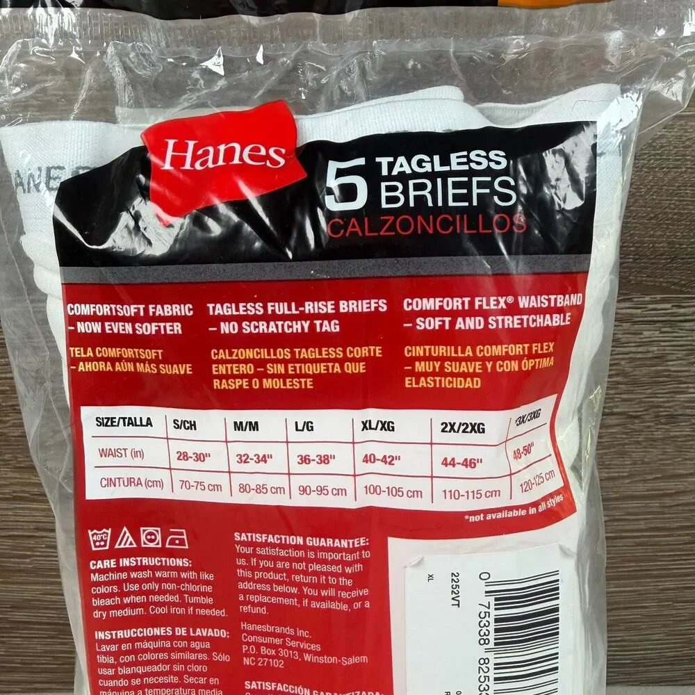 Hanes Mens XL Briefs 5 Pack White Tagless ComfortSoft 40-42 Cotton 2252VT NOS